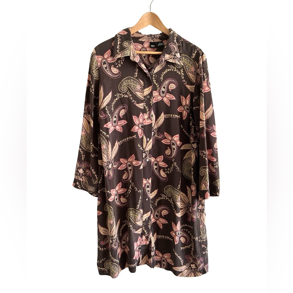 Mossimo Brown Paisley 100% Silk Button Down Shirt Mini Dress Size XL - Picture 3 of 8